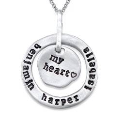 Stamped Family Pendant Necklace with Names Engraved in Silver