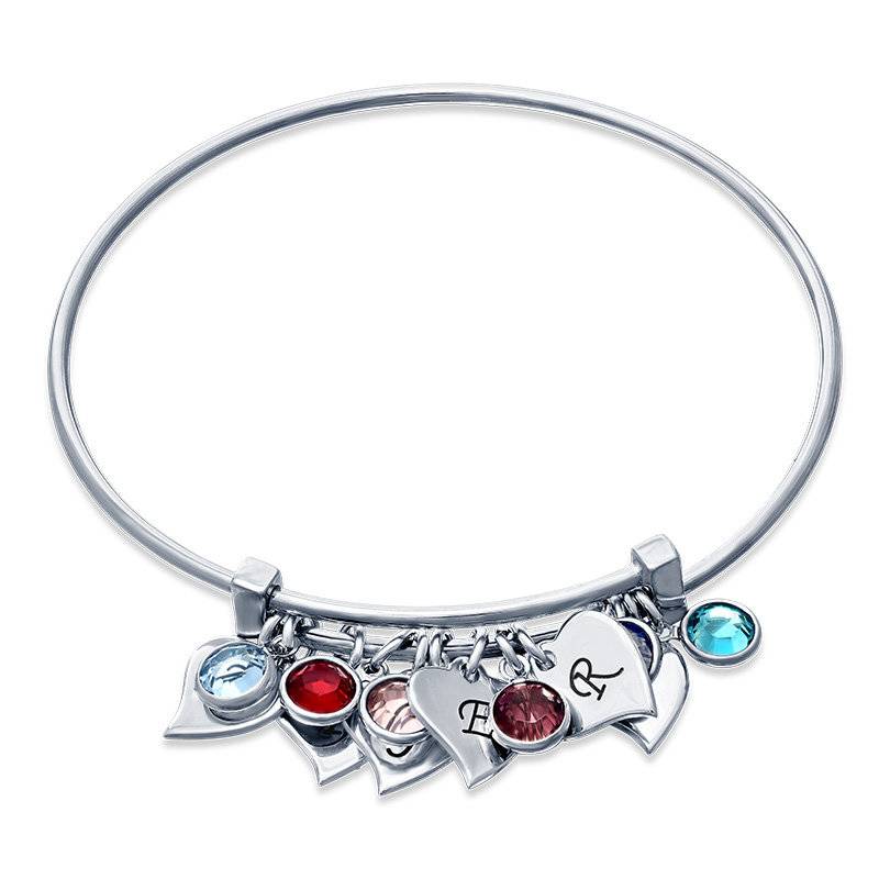 Personalized Bangle with Initial Charms and Birthstones in Silver-2 product photo