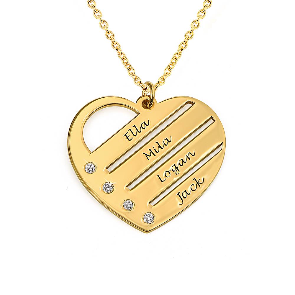 Birthstone Heart Necklace with Engraved Names with Diamond in Gold Plating-5 product photo