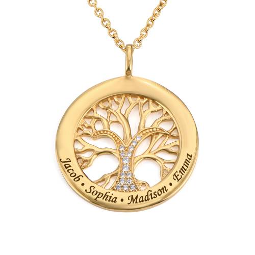 Family Tree Circle Necklace with Cubic Zirconia - Gold Plating product photo