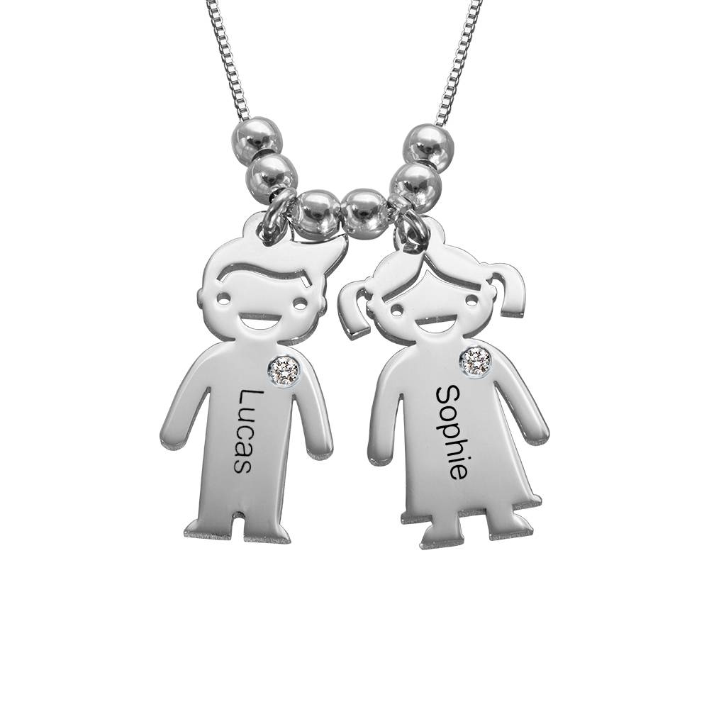Personalized Mom Necklace with Kid Charms with Diamond in Sterling Silver-3 product photo