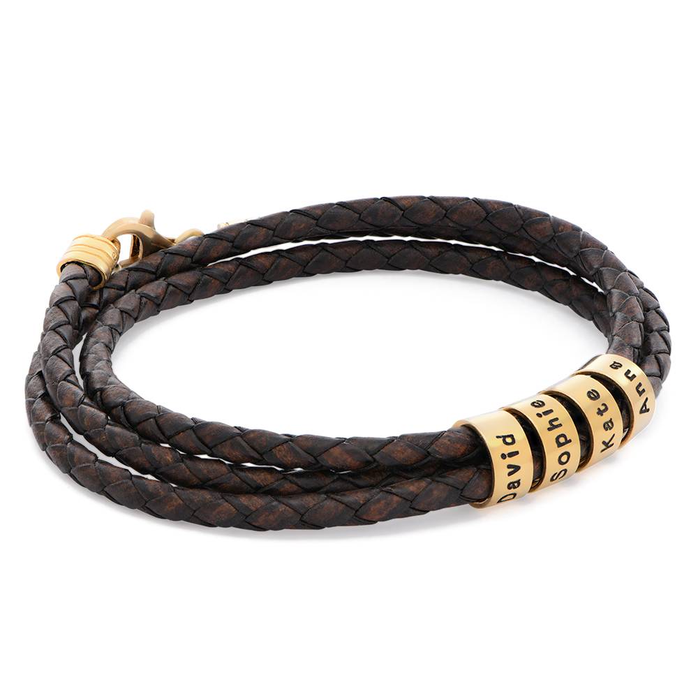 Brown Leather Bracelet for Men with Small Custom Beads in Silver 18k Gold Vermeil-3 product photo