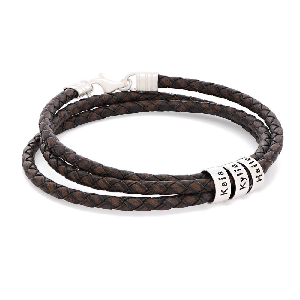 Brown Leather Bracelet for Men with Small Custom Beads in Silver-4 product photo