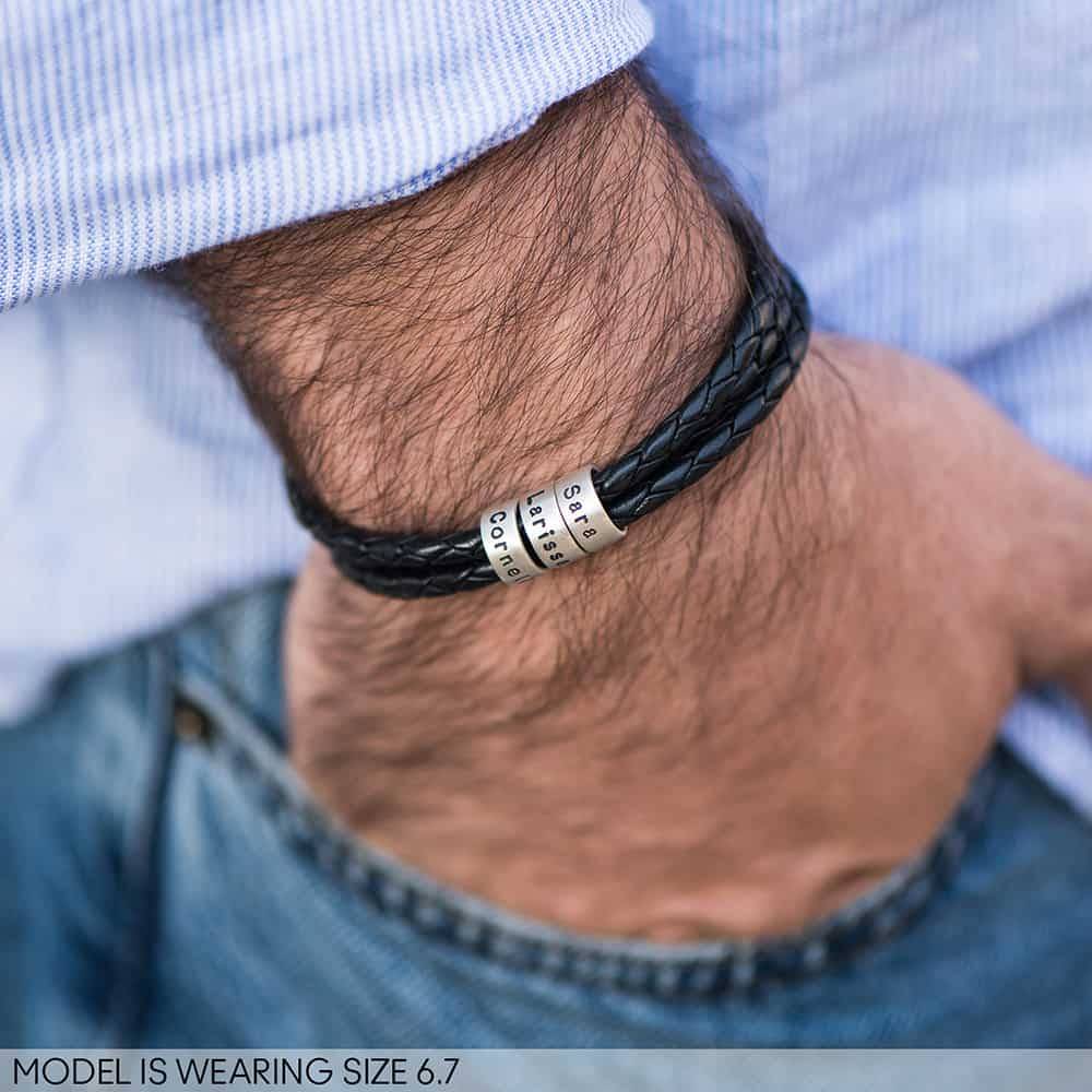 Leather Bracelet for men with Small Custom Beads in Silver-3 product photo