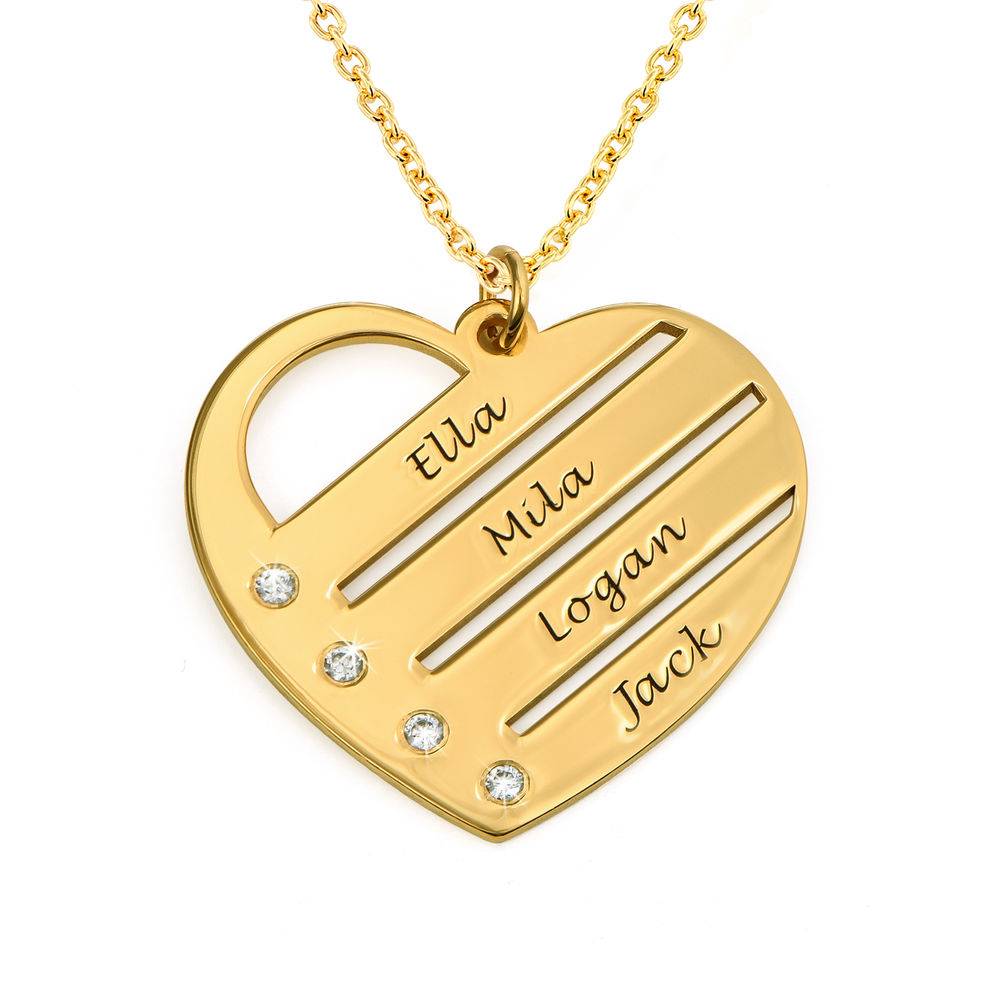 Birthstone Heart Necklace with Engraved Names with Diamond in Gold Plating-2 product photo