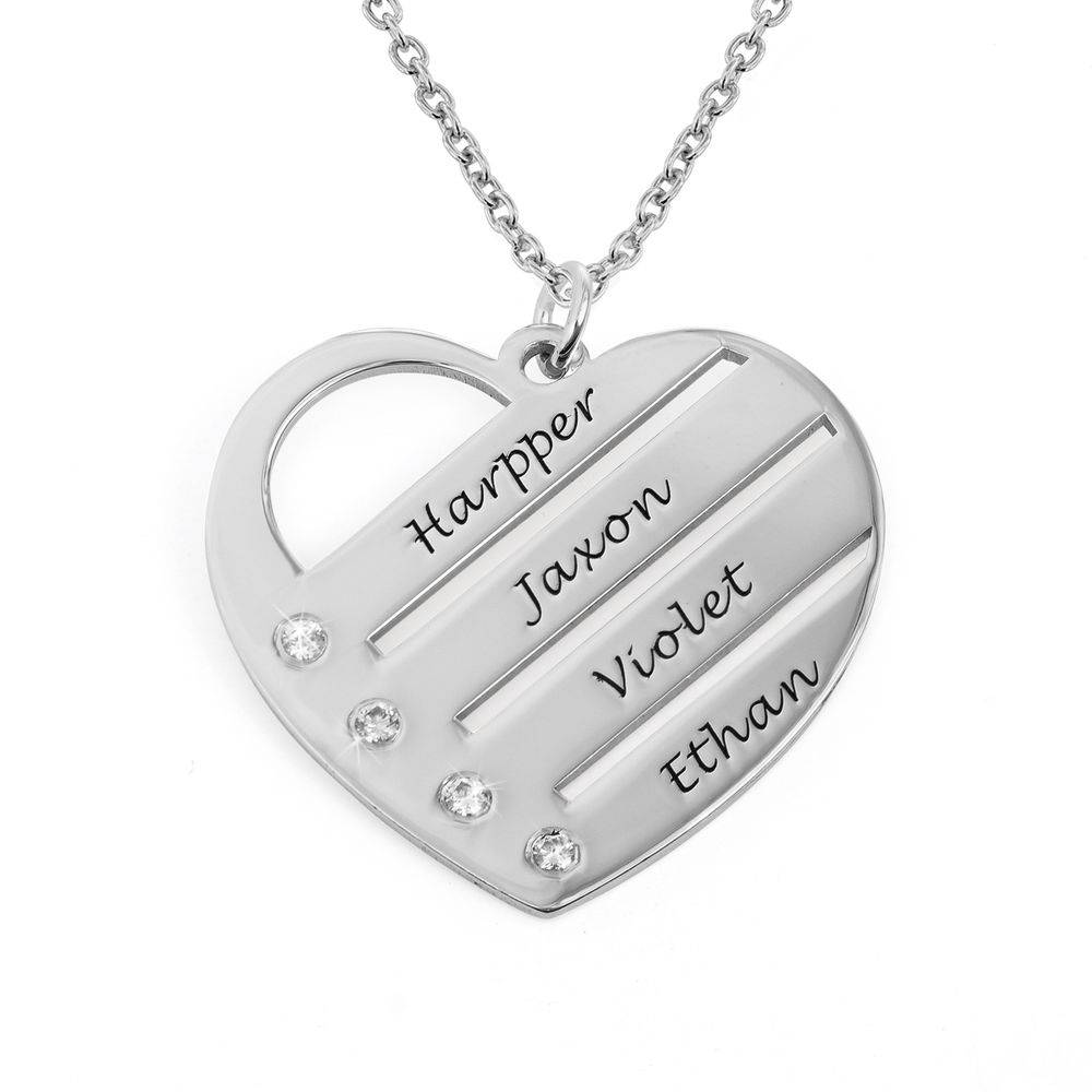 Birthstone Heart Necklace with Engraved Names with Diamond in Sterling Silver-3 product photo