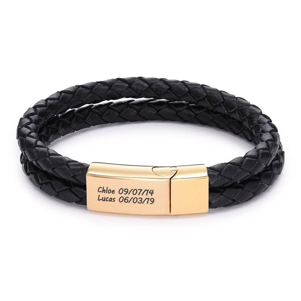 Custom Bracelet for Men in Stainless Steel and Black Leather Gold Plating-4 product photo