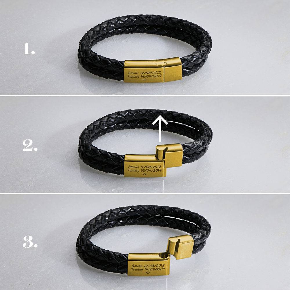 Custom Bracelet for Men in Stainless Steel and Black Leather Gold Plating-5 product photo