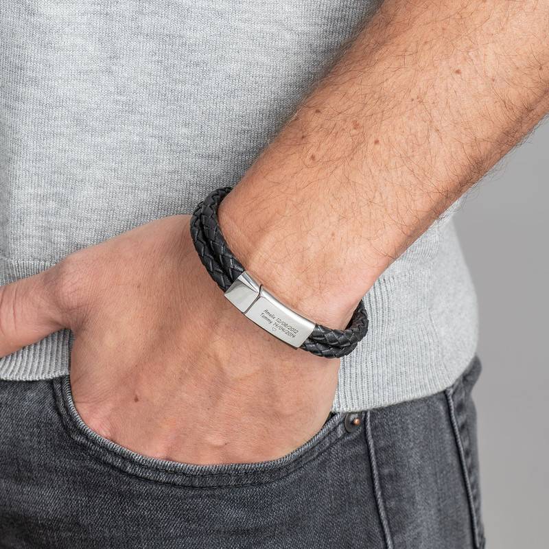 Custom Bracelet for Men in Stainless Steel and Black Leather-1 product photo