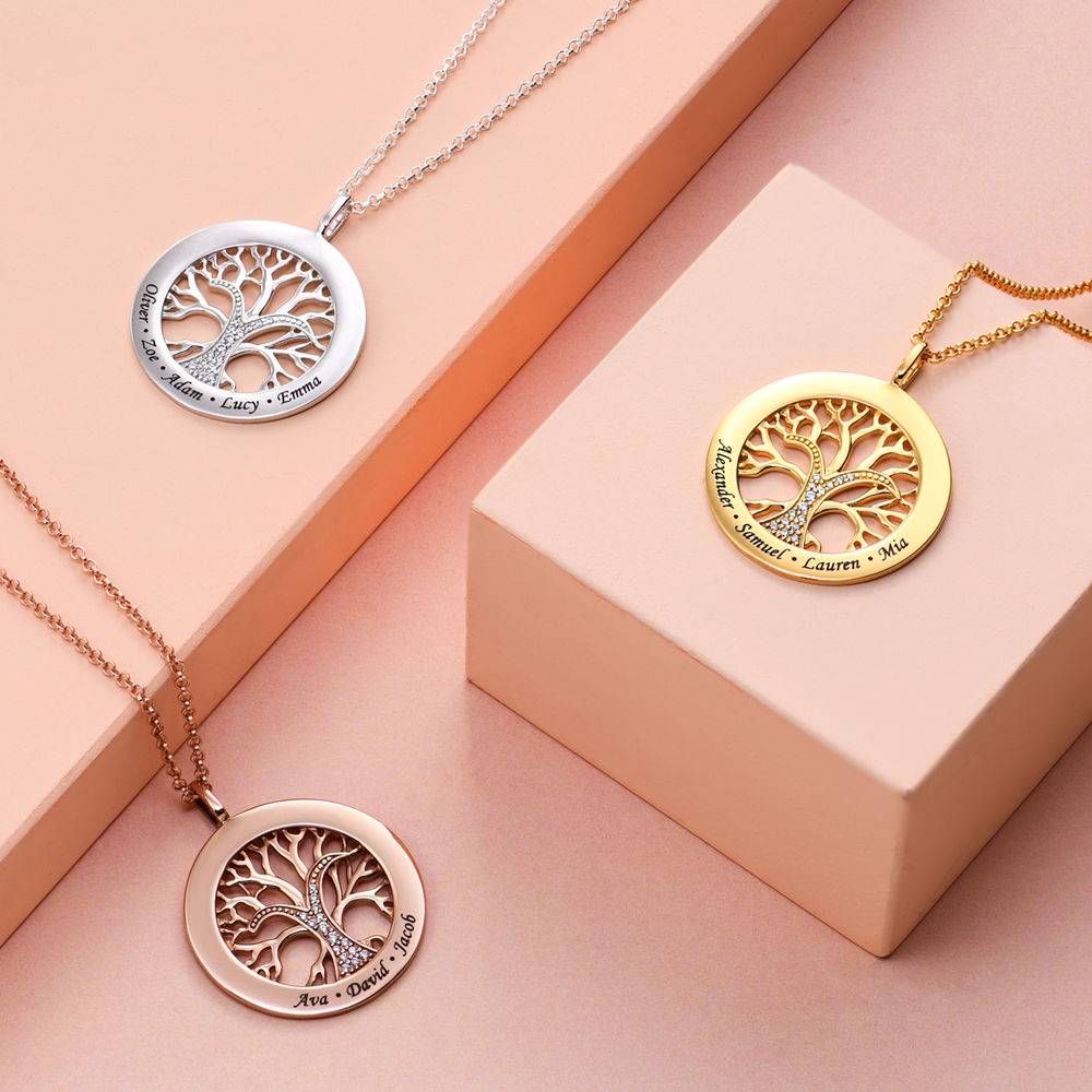 Family Tree Circle Necklace with Cubic Zirconia - Rose Gold Plating-3 product photo