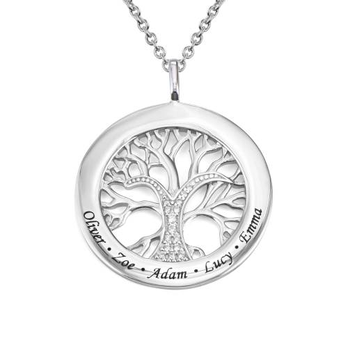 Family Tree Circle Necklace with Cubic Zirconia - Sterling Silver product photo