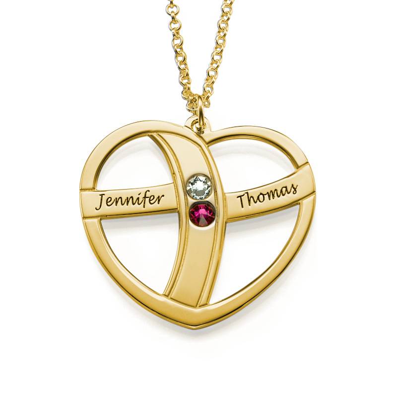 Engraved Gold Heart Necklace with Birthstones-4 product photo