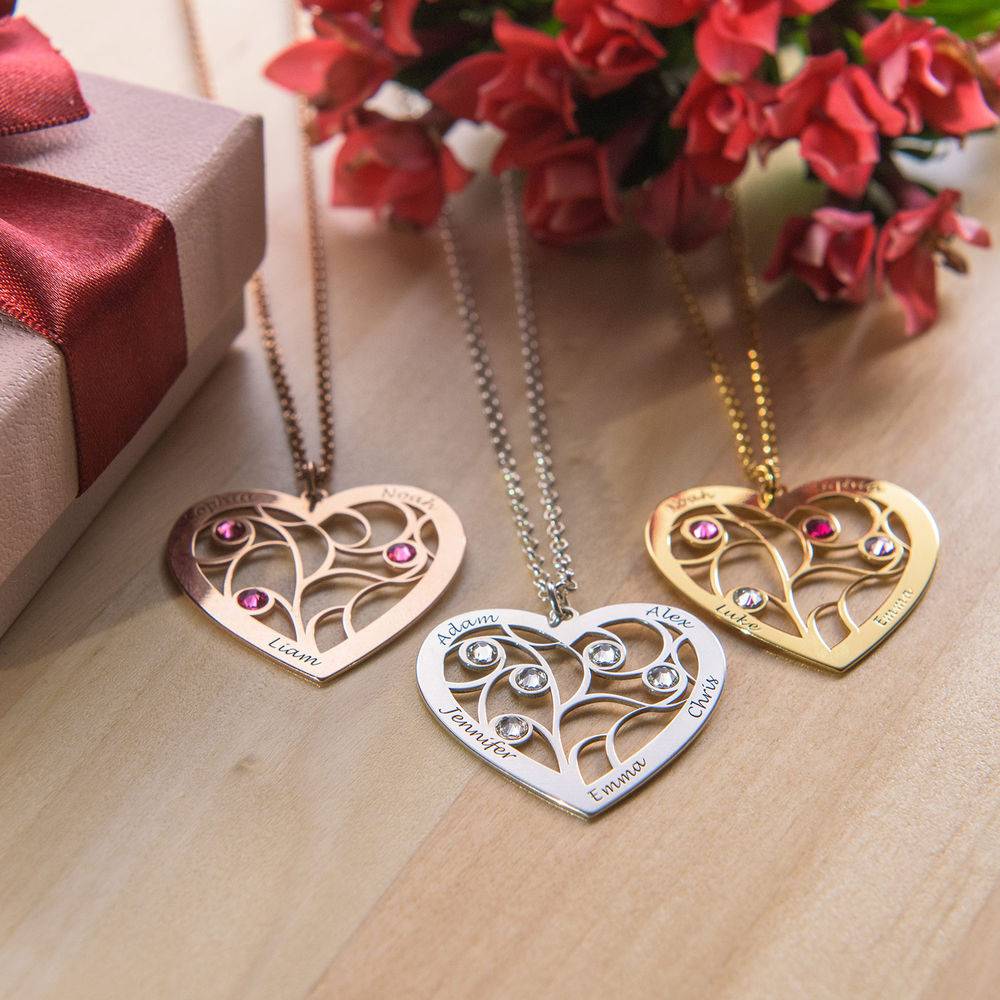 Engraved Heart Family Tree Necklace with Birthstones in Premium Silver-2 product photo