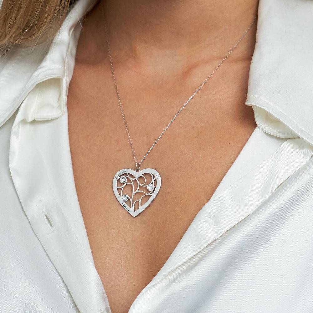 Engraved Heart Family Tree Necklace in White Gold 10k-4 product photo