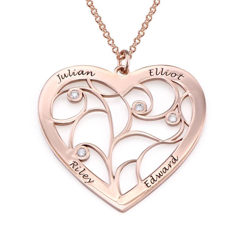 Engraved Heart Family Tree Necklace in Rose Gold Plating  with Diamonds-3 product photo