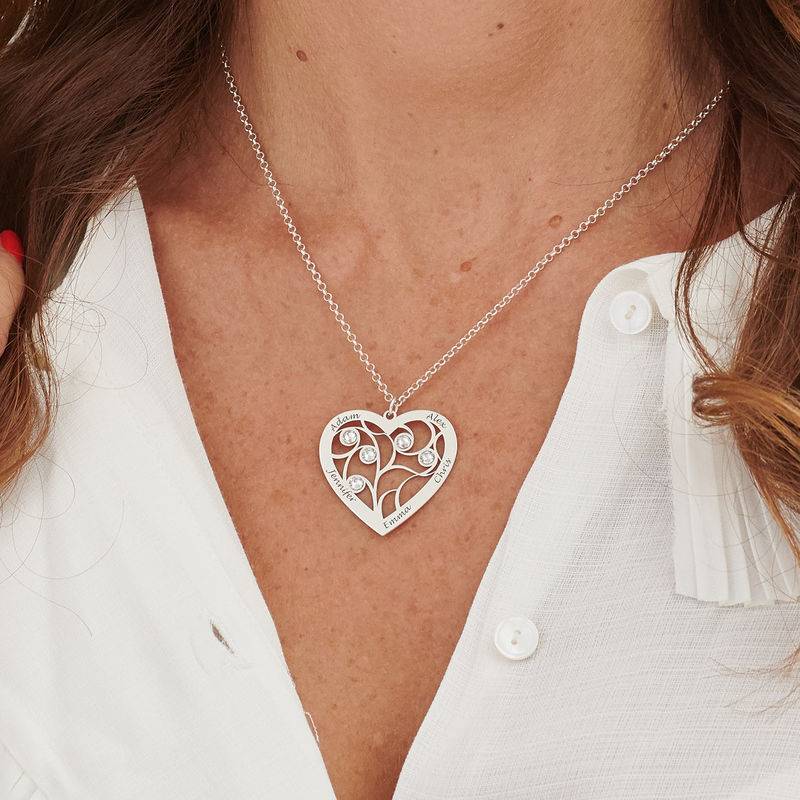 Engraved Heart Family Tree Necklace in Sterling Silver with Diamonds-6 product photo