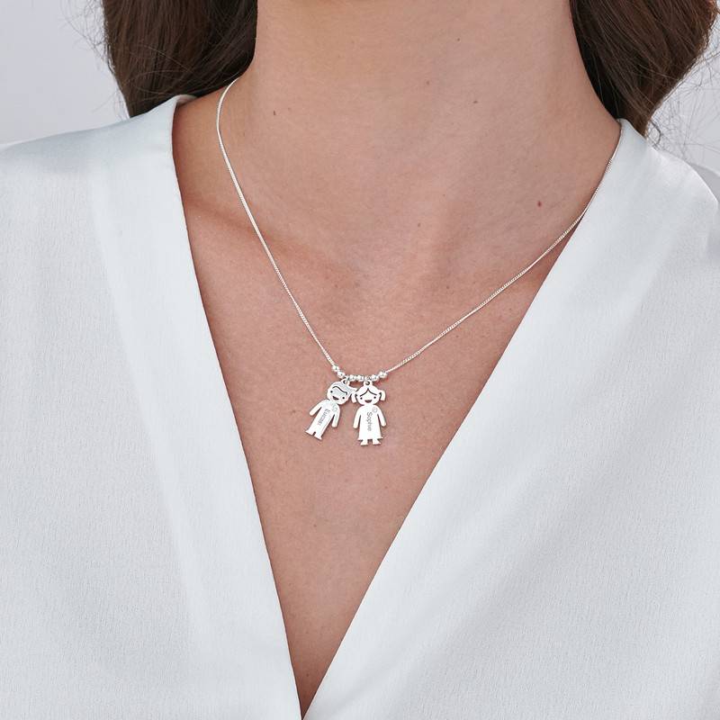 Personalized Mom Necklace with Kid Charms with Diamond in Sterling Silver-4 product photo