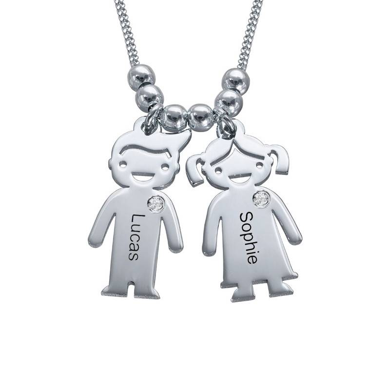 Personalized Mom Necklace with Kid Charms with Diamond in Sterling Silver-1 product photo