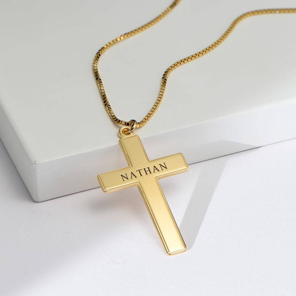 Engraved Cross Pendant  Necklace in 18k Gold for Men-2 product photo