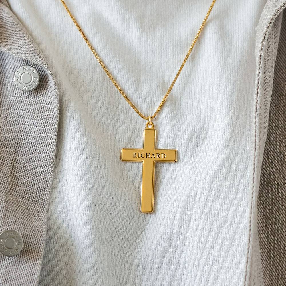 Engraved Cross Pendant  Necklace in 18k Gold for Men-3 product photo