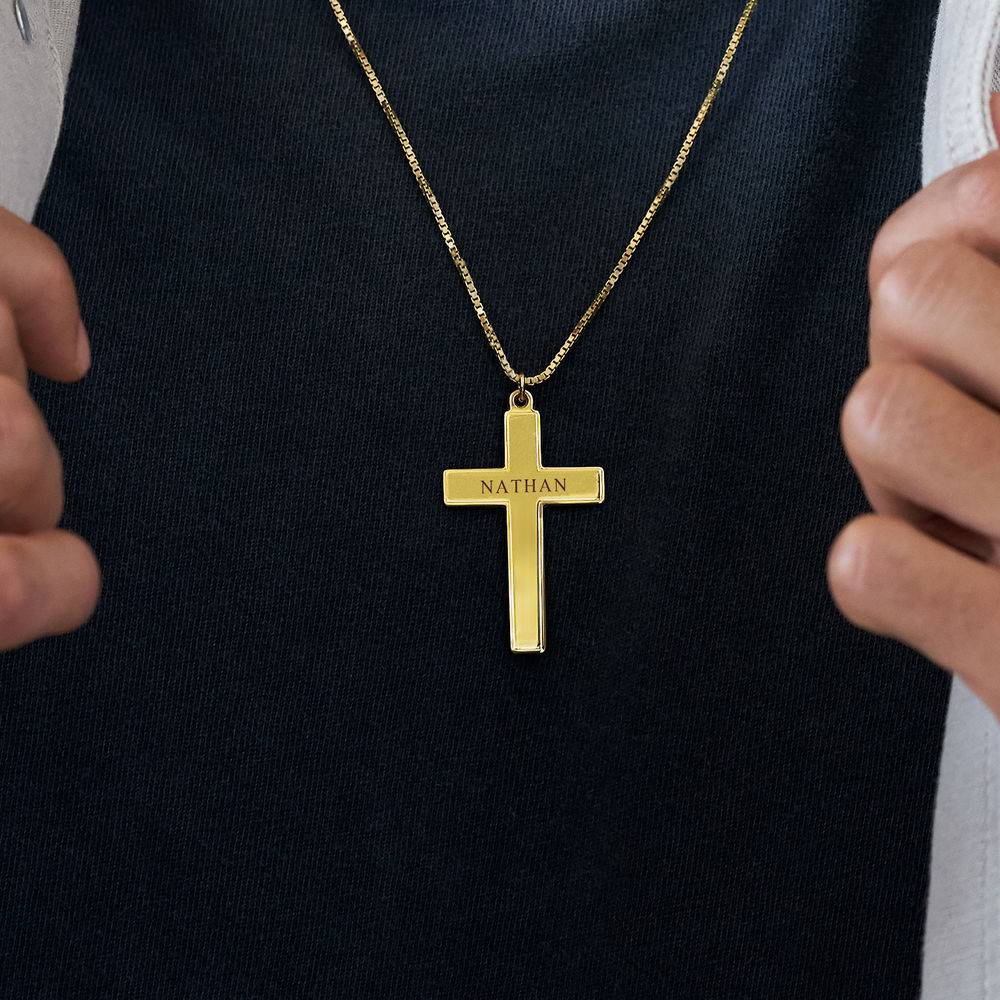 Engraved Cross Pendant  Necklace in 18k Gold Vermeil for Men-4 product photo