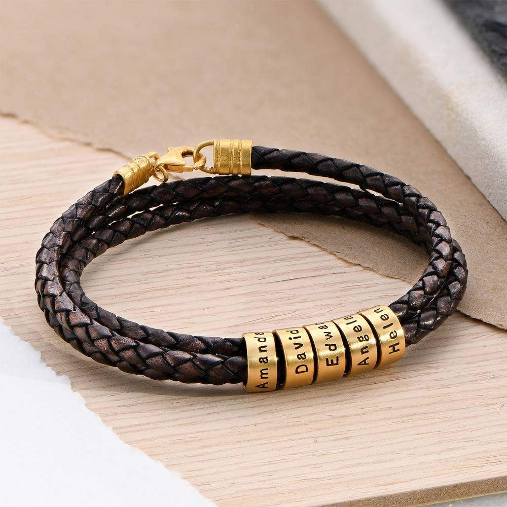 Brown Leather Bracelet for Men with Small Custom Beads in Silver 18k Gold Vermeil-3 product photo