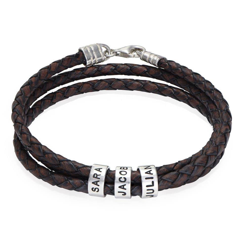 Brown Leather Bracelet for Men with Small Custom Beads in Silver-4 product photo