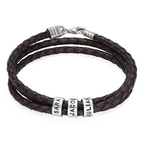 Brown Leather Bracelet for Men with Small Custom Beads in Silver product photo