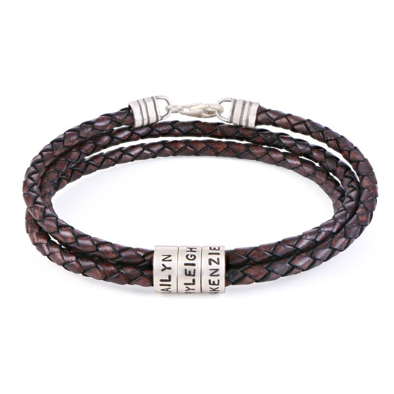 Brown Leather Bracelet for Men with Small Custom Beads in Silver-1 product photo