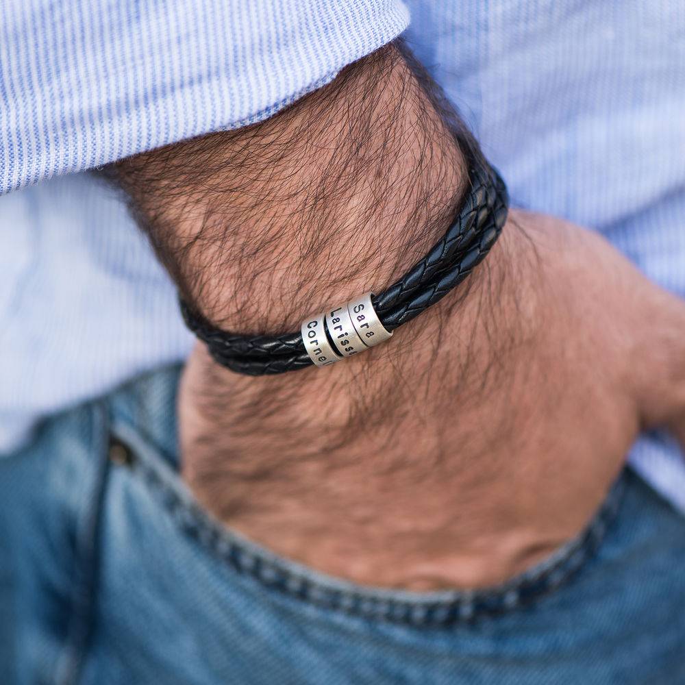 Leather Bracelet for men with Small Custom Beads in Silver-4 product photo