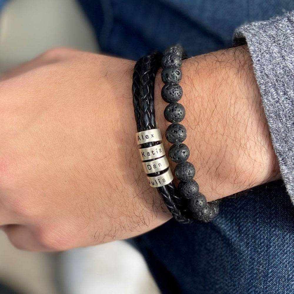 Leather Bracelet for men with Small Custom Beads in Silver-4 product photo