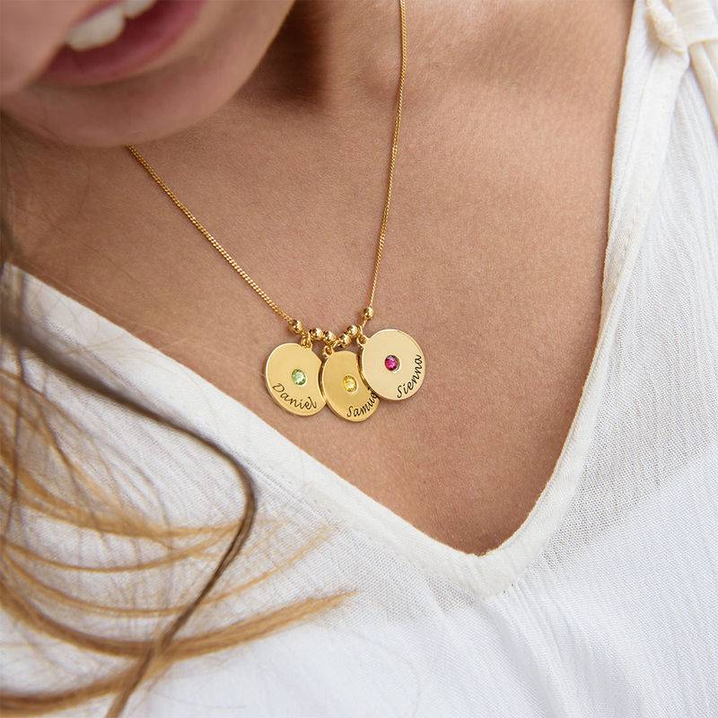 Gold Plated Engraved Discs Necklace with Birthstones-3 product photo