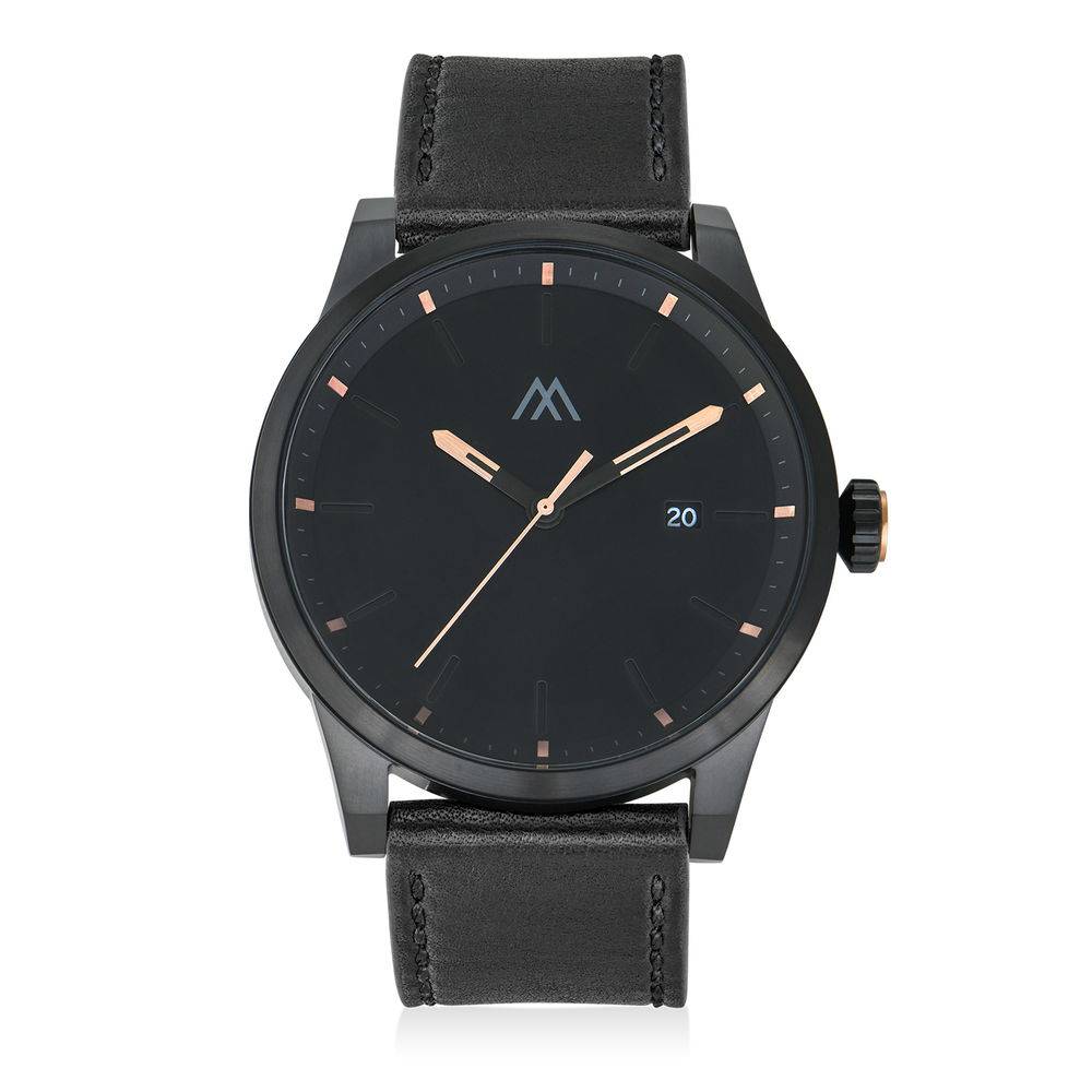 Odysseus Day Date Minimalist Leather Strap Watch in Black-7 product photo