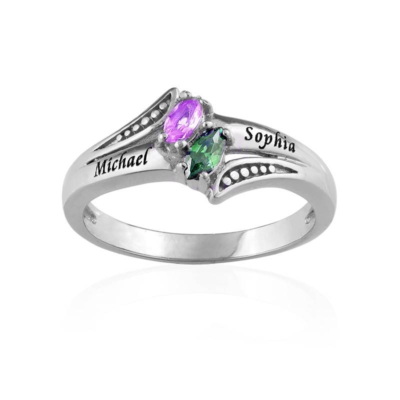 Two Birthstone Engraved Mother Ring in Sterling silver-2 product photo