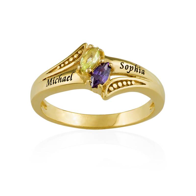 Two Birthstone Engraved Mother Ring in Gold Plating-2 product photo