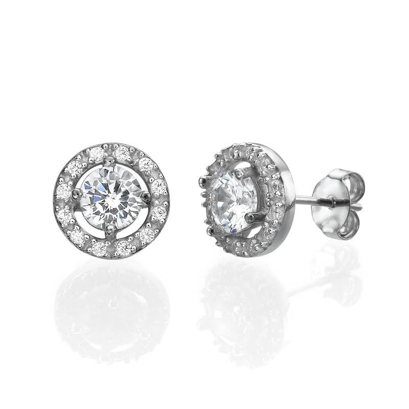 Sterling Silver Round Stud Earrings with Cubic Zirconia-3 product photo