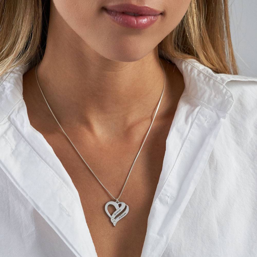 Double Heart Sterling Silver Necklace with Diamond-2 product photo