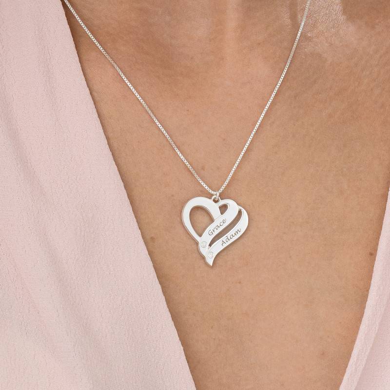 Double Heart Sterling Silver Necklace with Diamond-3 product photo