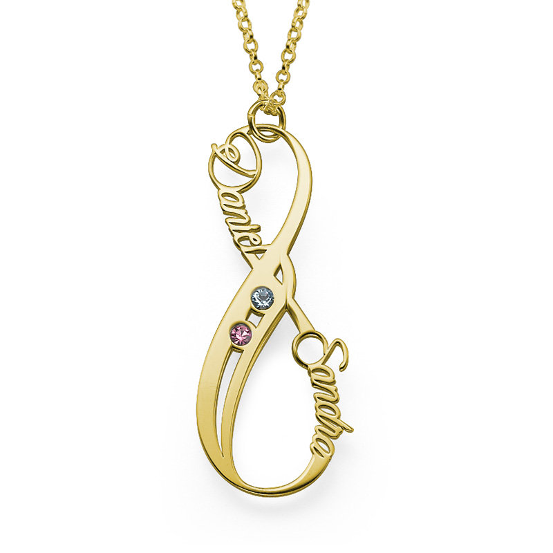 Personalized Vertical infinity Necklace with Birthstones in Gold Plating