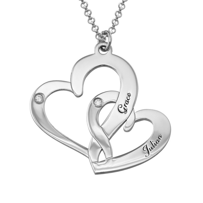 Interlocking Heart Sterling Silver Necklace with Diamonds