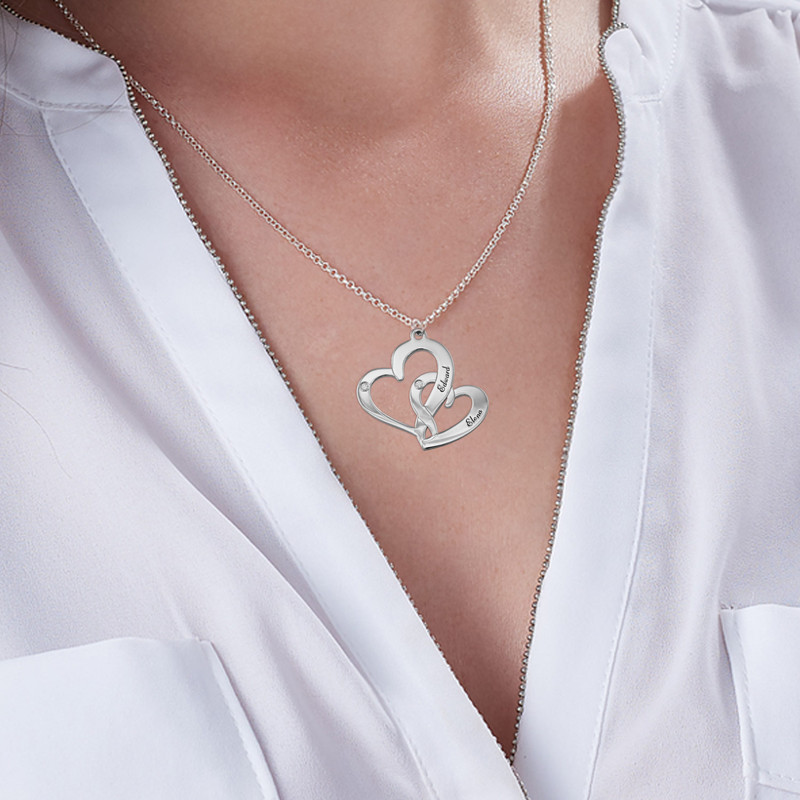 Interlocking Heart Sterling Silver Necklace with Diamonds - 2