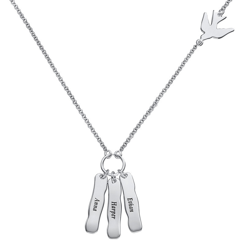 Engraved Bar Necklace with Bird Charm