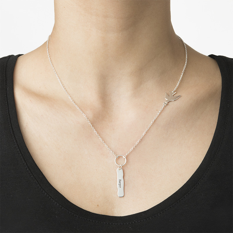 Engraved Bar Necklace with Bird Charm - 3