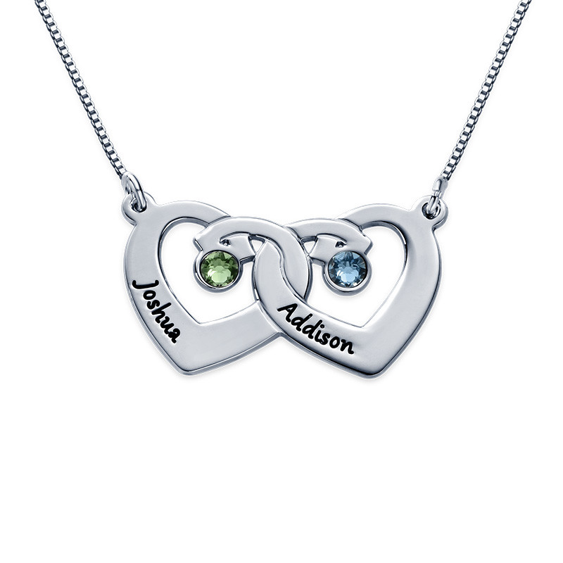 Interlocking Heart Pendant Necklace with Birthstones in Sterling Silver