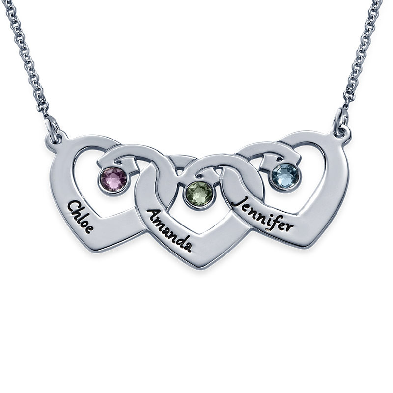 Interlocking Heart Pendant Necklace with Birthstones in Sterling Silver - 1