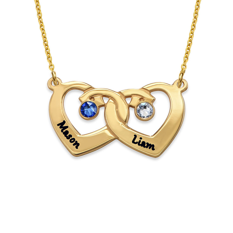 Interlocking Heart Pendant Necklace with Birthstones in Gold Plating
