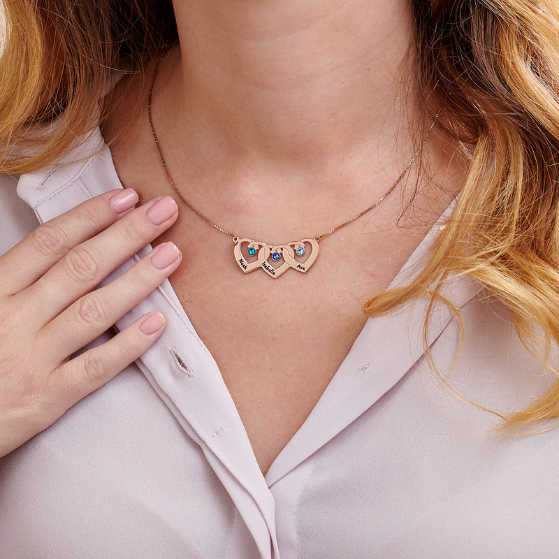 Interlocking Heart Pendant Necklace with Birthstones in Rose Gold Plating - 4 product photo