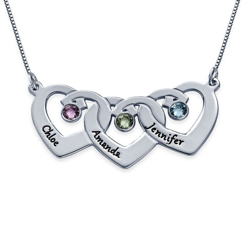 Interlocking Heart Pendant Necklace With Birthstones In 10K White Gold - 1