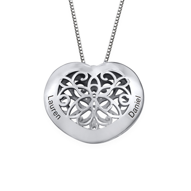 Filigree Engraved Heart Necklace in Sterling Silver