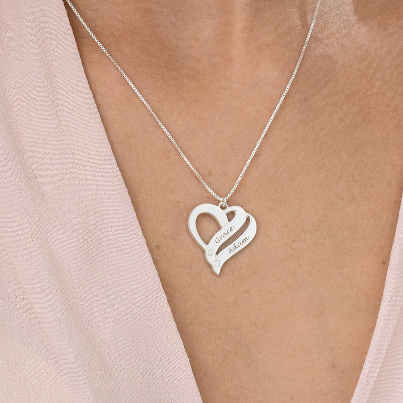 Double Heart Sterling Silver Necklace with Diamond - 2 product photo
